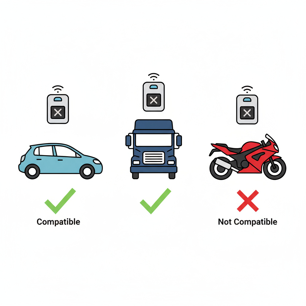 Ilustración de vehículos con iconos de tag y palomitas de compatibilidad