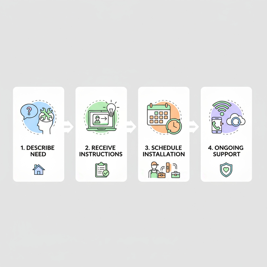 Infografía de cuatro pasos: describir necesidad, recibir instrucciones, agendar e instalar, soporte continuo