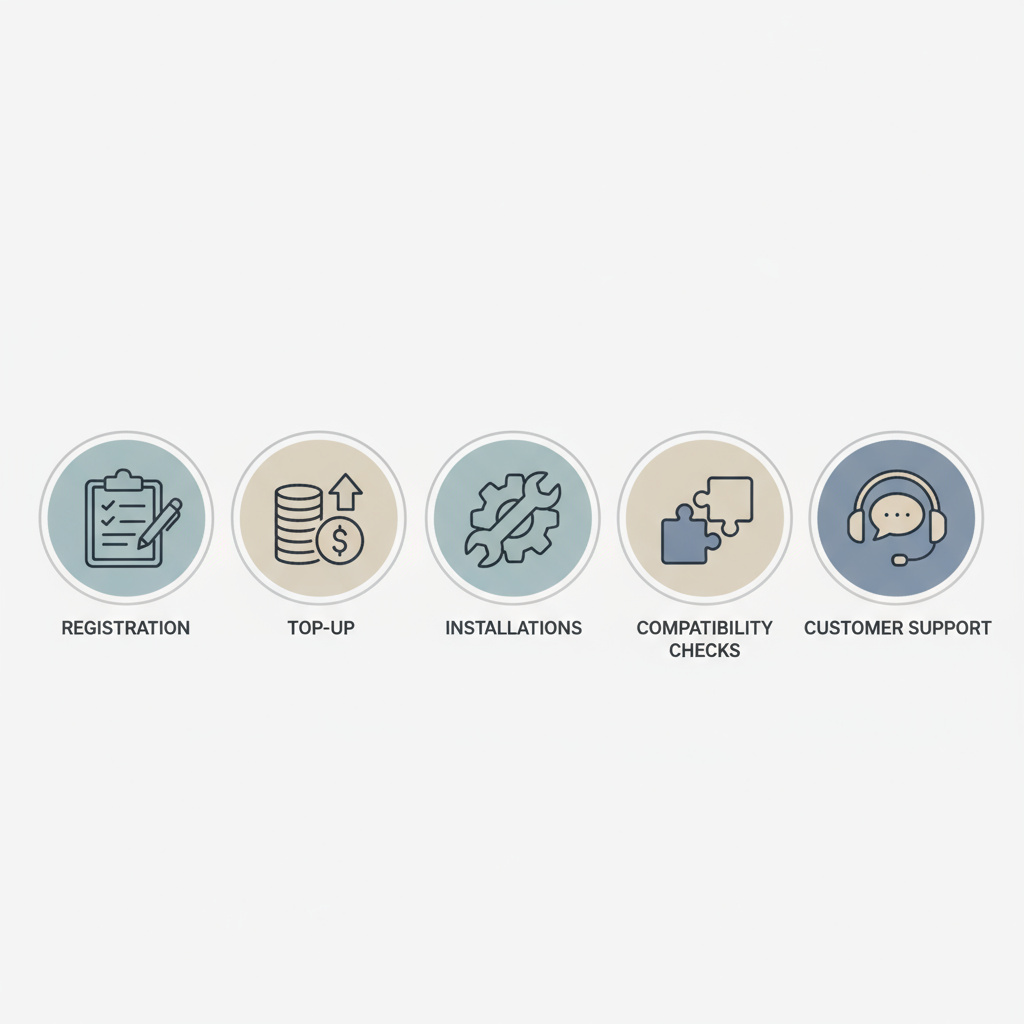 Iconos de registro, recarga, instalación, compatibilidad y soporte